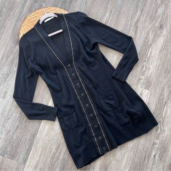 Anne Fontaine black wool v neck chain embellished cardigan‎ sweater women’s 38 - Picture 2 of 10